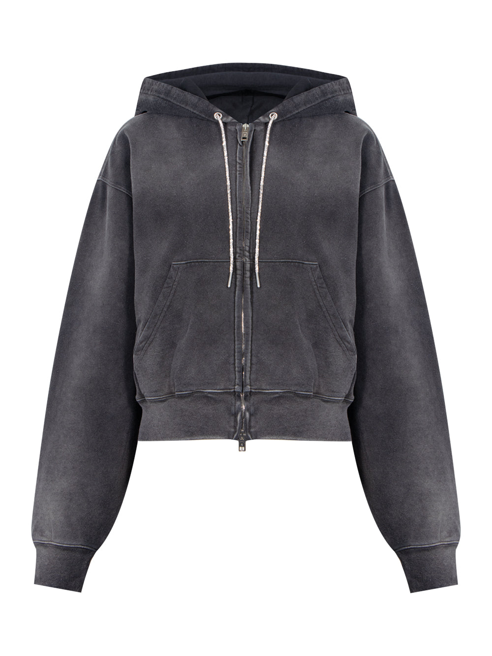 Cropped Zip-Up Hoodie with Crystal Hotfix Drawcord (Washed Caviar)