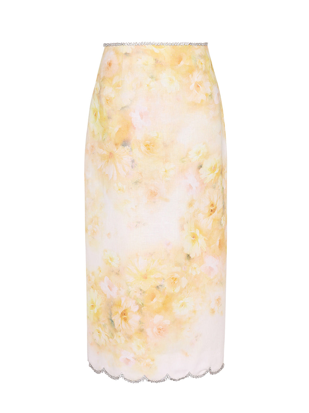 Crush Scalloped Midi Skirt (Yellow Floral)