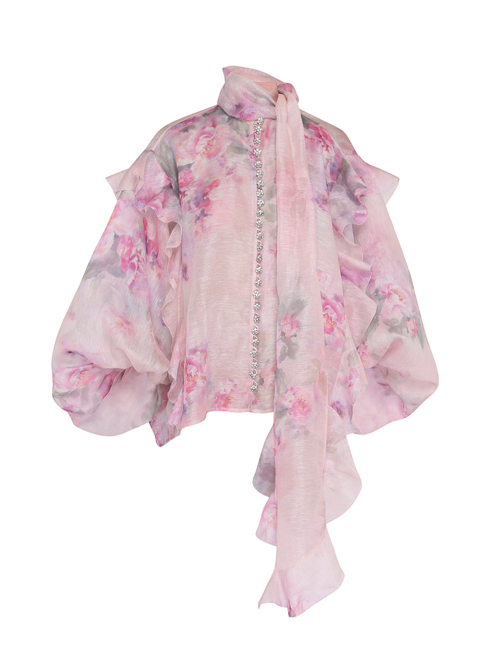 Crush Tie Neck Ruffle Blouse (Pink Floral)