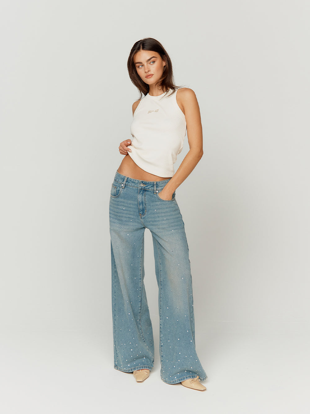 Crystallised Wide Leg Denim Jeans (Sky Blue)