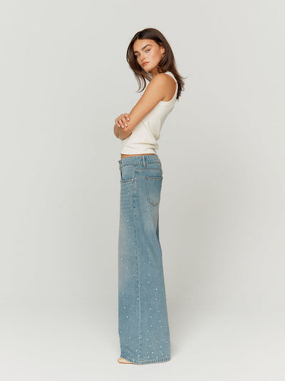 Crystallised Wide Leg Denim Jeans (Sky Blue)