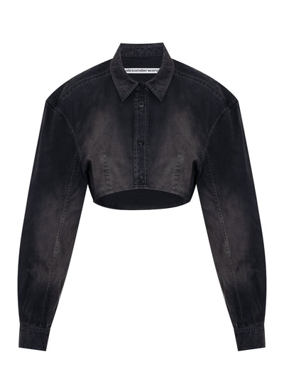Curved Cropped Shirt in Cotton Twill (Washed Black Pearl)
