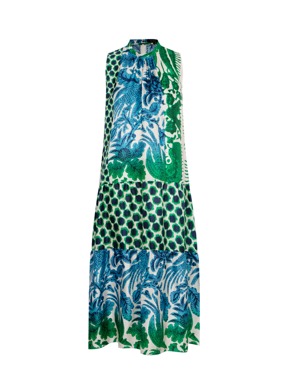 Silk Printed Patchwork Mid Length Dress Ocean Emeral