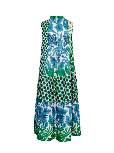 Silk Printed Patchwork Mid Length Dress Ocean Emeral