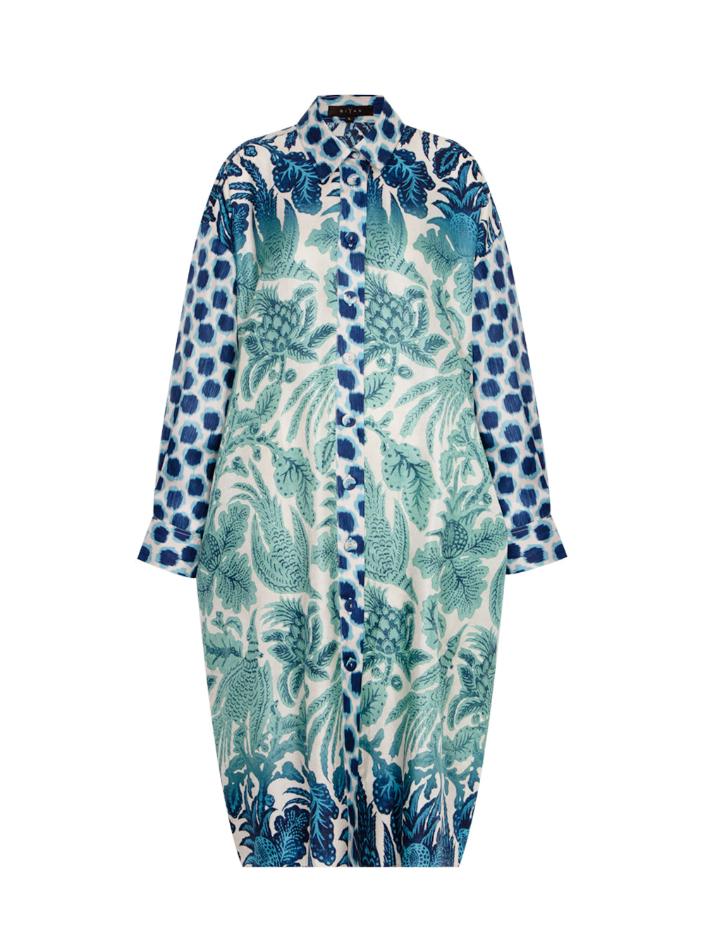 Mix Silk Printed Mid Length Shirtdress Ocean Celadon