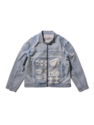 AECA Denim Printed Biker Jacket (Blue)