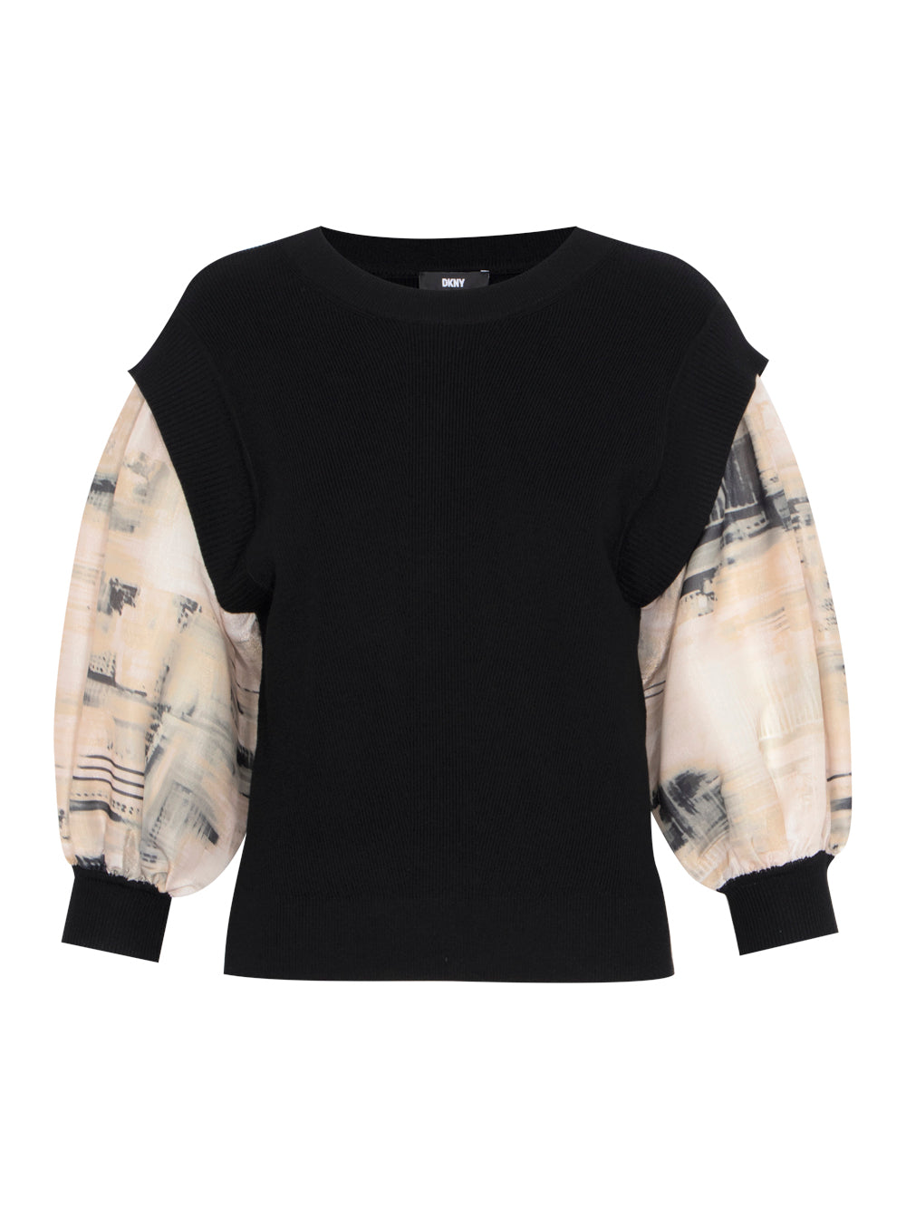 3/4 Sleeve Mix Media Organza Pullover (Black/Ivory/Sandalwood Multi)
