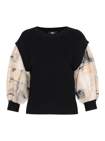 3/4 Sleeve Mix Media Organza Pullover (Black/Ivory/Sandalwood Multi)