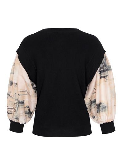 3/4 Sleeve Mix Media Organza Pullover (Black/Ivory/Sandalwood Multi)