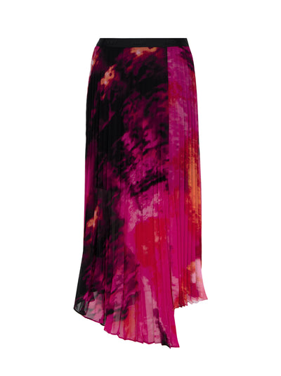 Asymmetric Print Chiffon Pleated Midi Skirt (Shocking Pink Multi)
