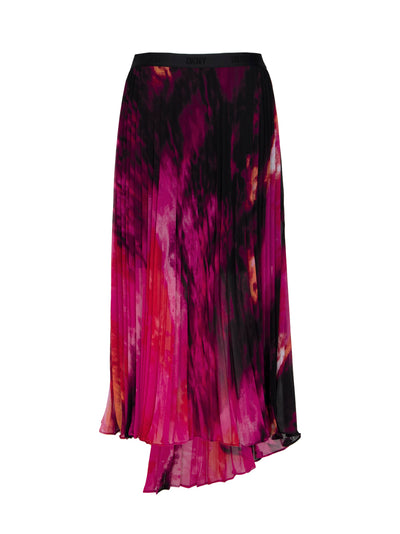 Asymmetric Print Chiffon Pleated Midi Skirt (Shocking Pink Multi)