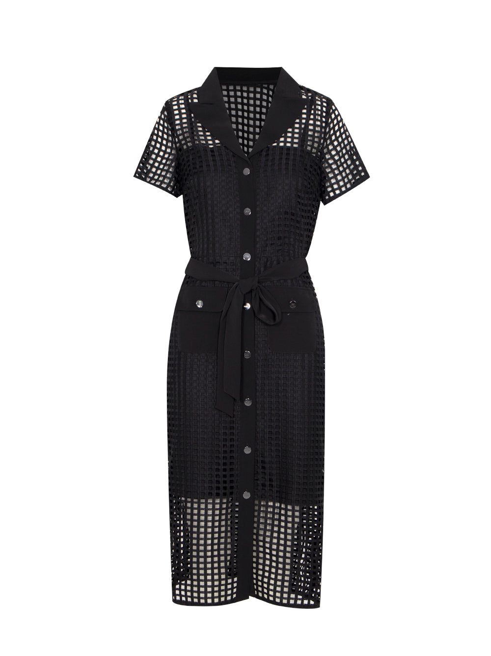 Grid Lace Jacket Dress With Belt (Black)