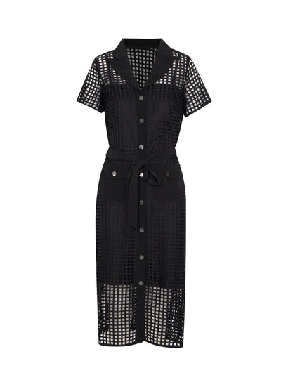Grid Lace Jacket Dress With Belt (Black)