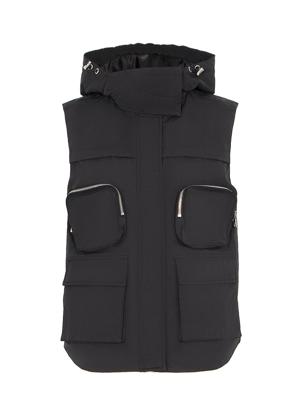 Light Padded Nylon Hoodie Vest (Black)