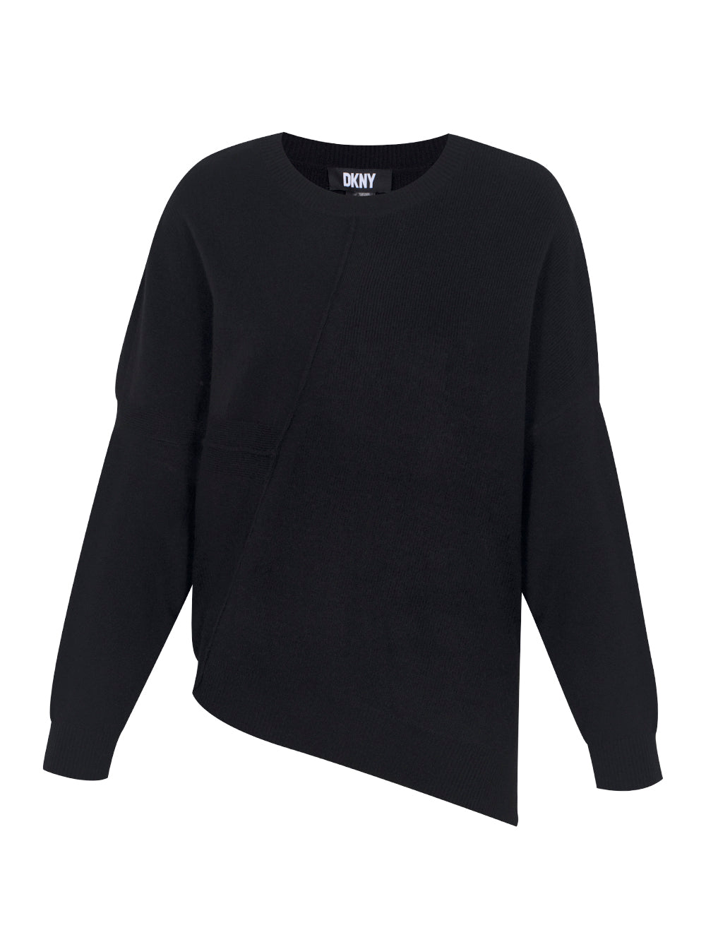 Mixed-Stitch Asymmetrical-Hem Crewneck Sweater (Black)