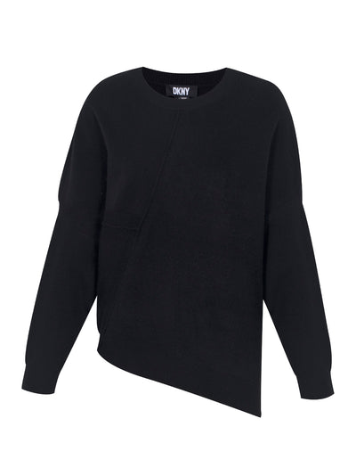 Mixed-Stitch Asymmetrical-Hem Crewneck Sweater (Black)
