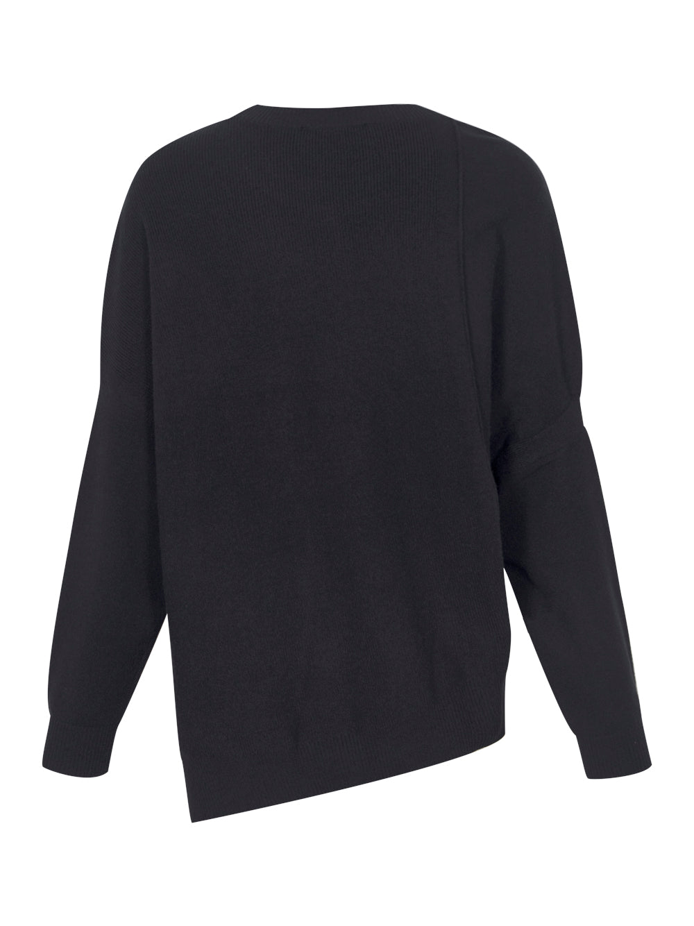 Mixed-Stitch Asymmetrical-Hem Crewneck Sweater (Black)