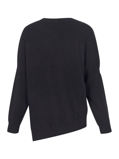 Mixed-Stitch Asymmetrical-Hem Crewneck Sweater (Black)