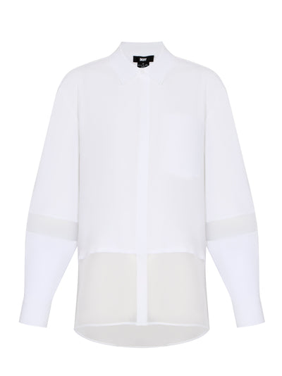 Long Sleeve Mix Media Button Down Shirt (White)