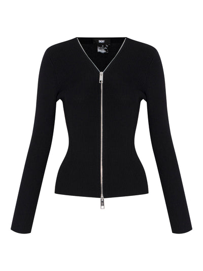 Long Sleeve Ribbed Zip Front Sweater (Black)