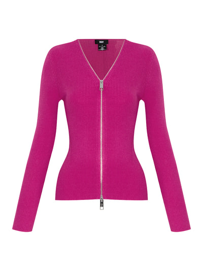 Long Sleeve Ribbed Zip Front Sweater (Shocking Pink)