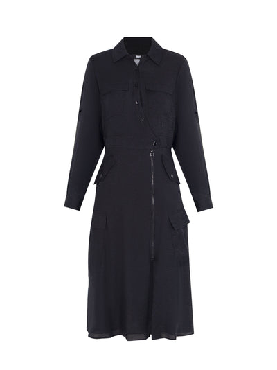 Long Sleeve Silky Cargo Midi Dress (Black)