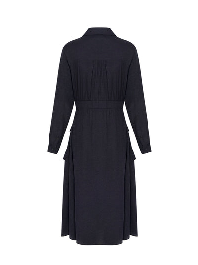 Long Sleeve Silky Cargo Midi Dress (Black)