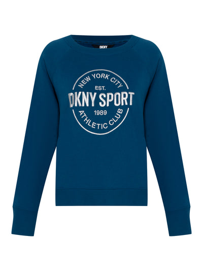 Lurex Athletic Medallion Logo Raglan Crew Neck Pullover (Poseidon)