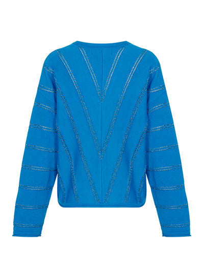 Metallic Chevron Knit Long-Sleeve Sweater (Electric Blue)