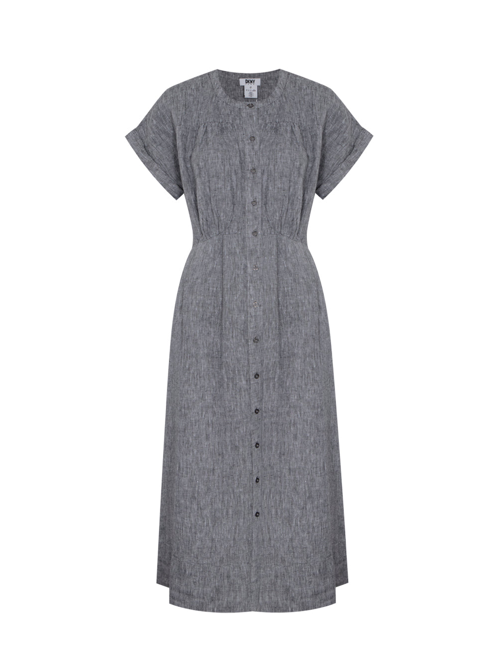 Short Sleeve Button Front Gathered Dress (Black/White)