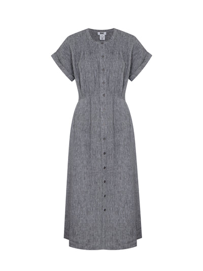 Short Sleeve Button Front Gathered Dress (Black/White)