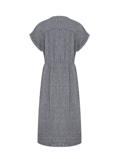 Short Sleeve Button Front Gathered Dress (Black/White)