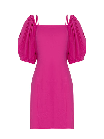Short Sleeve Linen Shoulder Strap Midi Dress (Shocking Pink)