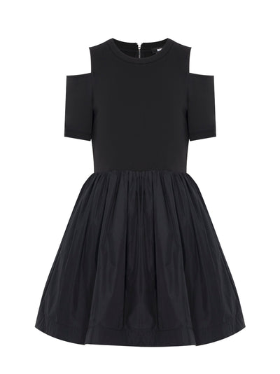 Short Sleeve Mix Media Poplin Dress (Black)