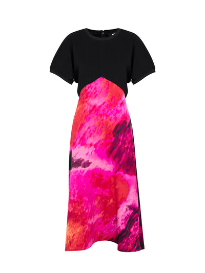 Short Sleeve Mix Media Print Satin Dress (Black/Shocking Pink Multi)