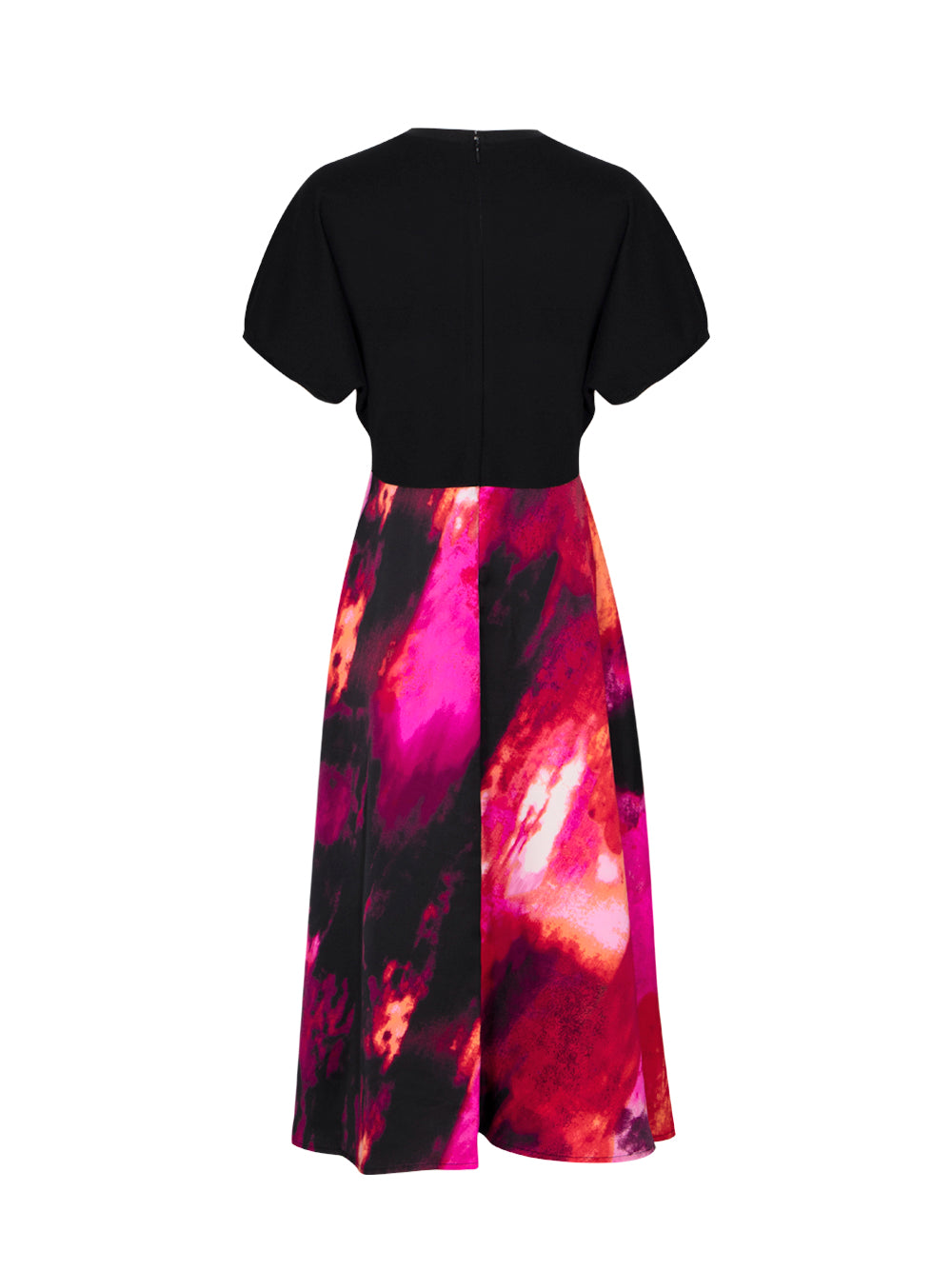 Short Sleeve Mix Media Print Satin Dress (Black/Shocking Pink Multi)