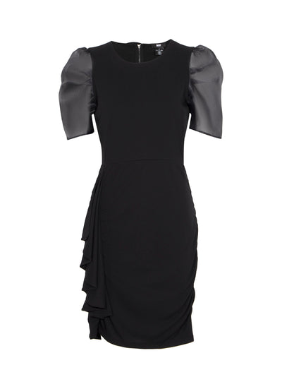 Short Sleeve Side Drape Dress (Black)