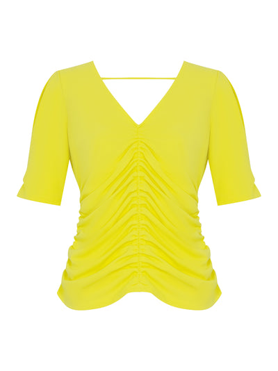 Short Sleeve V-Neckline Front Ruched Knit Top (Fluro Yellow)