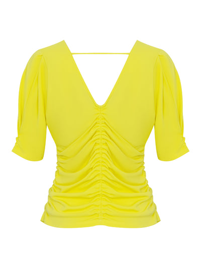 Short Sleeve V-Neckline Front Ruched Knit Top (Fluro Yellow)