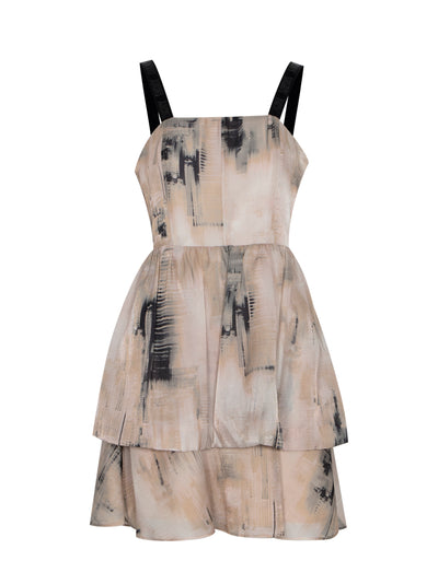 Sleeve Printed Organza Dress (Ivory/Sandalwood)