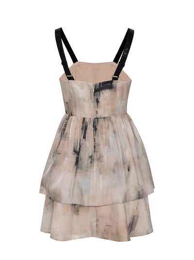Sleeve Printed Organza Dress (Ivory/Sandalwood)