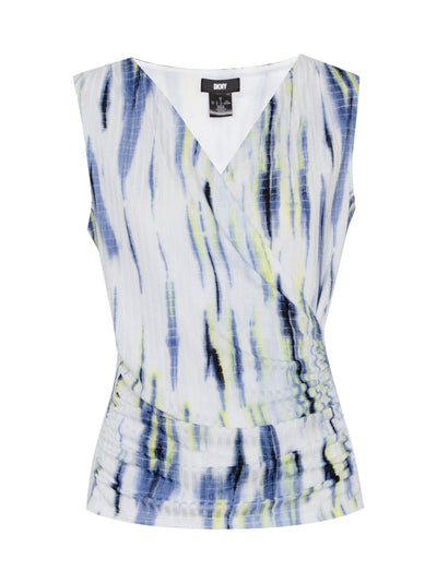 Sleeveless Print Hacci Front Wrap Top (White/Inky/Blue/Multi)