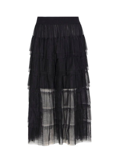 Tiered Tulle Ruffle Midi Skirt (Black)