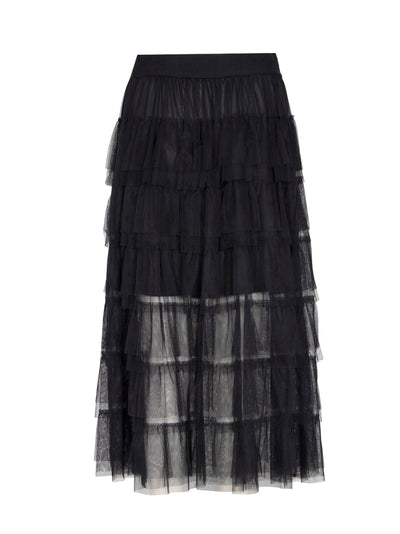 Tiered Tulle Ruffle Midi Skirt (Black)