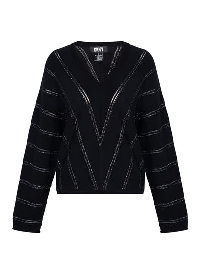 Metallic Chevron Knit Long-Sleeve Sweater (Black)