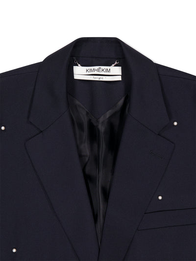 Pearl Embellished Single Breast Blazer Dark Navy