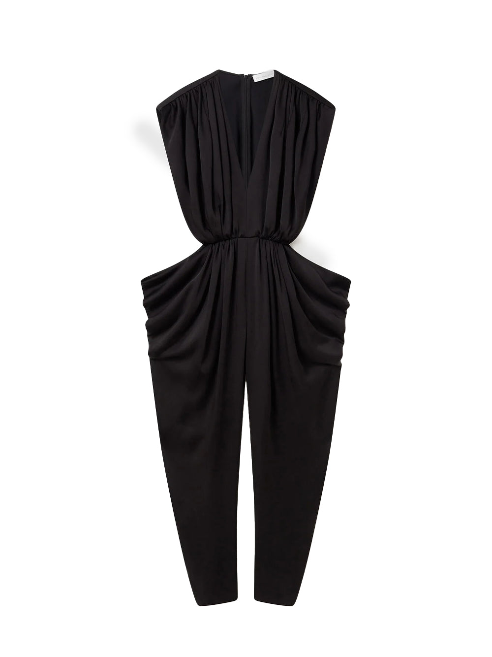 Deep V-Neck Shoulder Pad Pleated Jumpsuit (Black)