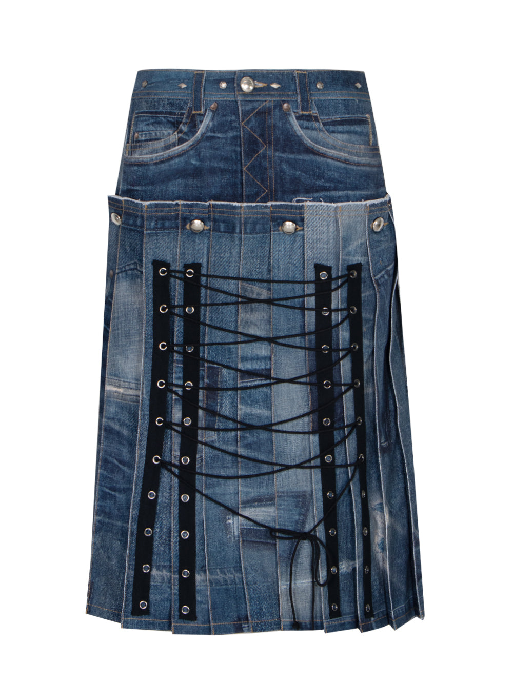 Denim Trompe L`Oeil Pleats Long Skirt (Blue)