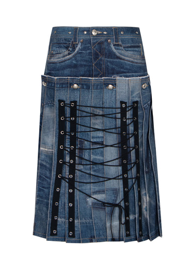 Denim Trompe L`Oeil Pleats Long Skirt (Blue)