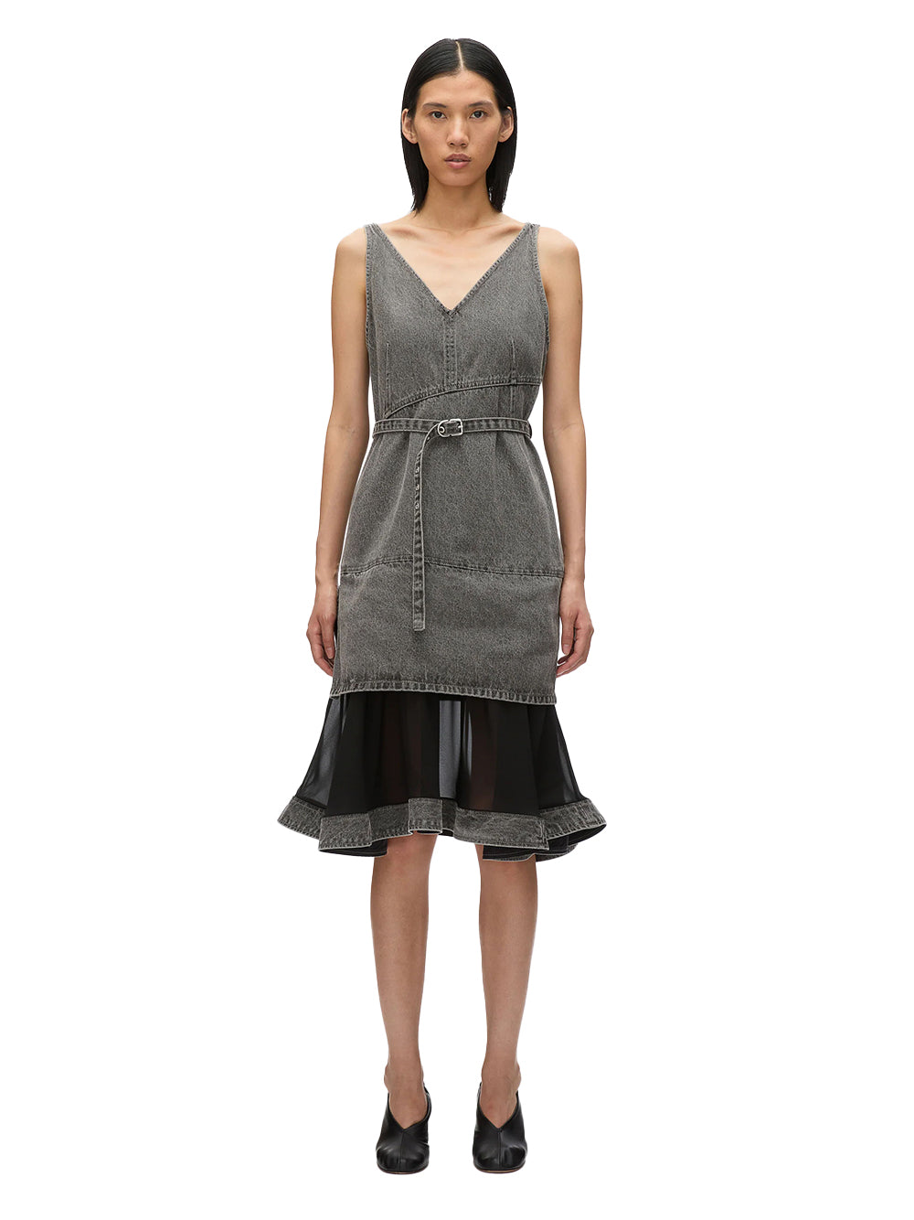 Denim V Neck Dress with Chiffon Hem (Washed Grey)